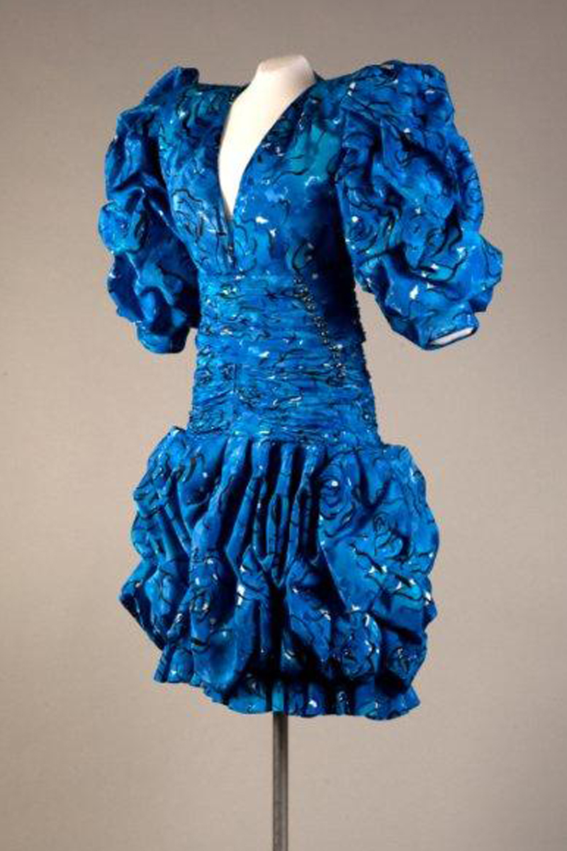 Emanuel Ungaro Couture, blue printed silk, c. 1986, France. Gift of Elizabeth Graham Weymouth.